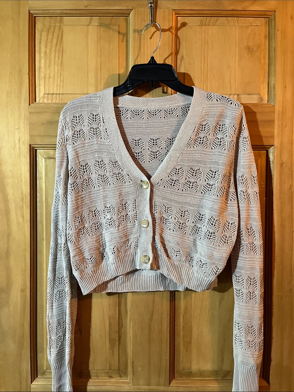 Tan Openwork V-Neck Button Cropped Sweater